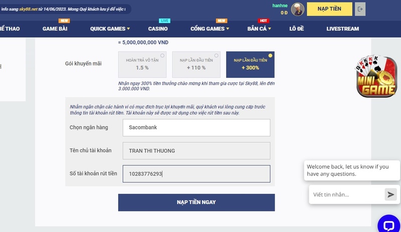 nạp rút tiền sky88