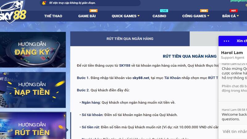 hướng dẫn rút tiền sky88